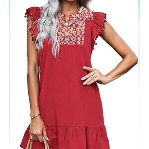 Kirundo Women’s Red Pom Pom Embroidered Colorful Minidress Boho size XL
